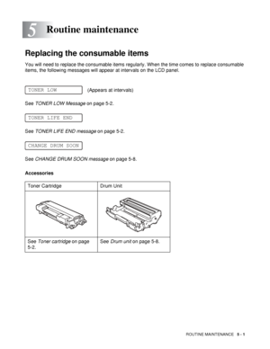 Page 116ROUTINE MAINTENANCE   5 - 1
5
Replacing the consumable items
You will need to replace the consumable items regularly. When the time comes to replace consumable 
items, the following messages will appear at intervals on the LCD panel.
See TONER LOW Message on page 5-2.
See TONER LIFE END message on page 5-2.
See CHANGE DRUM SOON message on page 5-8.
Accessories
Routine maintenance
Toner Cartridge Drum Unit
See Toner cartridge on page 
5-2.See Drum unit on page 5-8.
TONER LOW
TONER LIFE END
CHANGE DRUM...