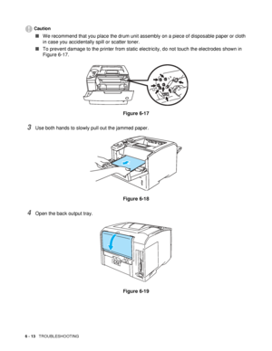 Page 1456 - 13   TROUBLESHOOTING
Caution
■We recommend that you place the drum unit assembly on a piece of disposable paper or cloth 
in case you accidentally spill or scatter toner.
■To prevent damage to the printer from static electricity, do not touch the electrodes shown in 
Figure 6-17.
Figure 6-17
3Use both hands to slowly pull out the jammed paper. 
Figure 6-18
4Open the back output tray.
Figure 6-19
 