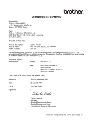 Page 172
APPENDIX (FOR EUROPE AND OTHER COUNTRIES)   B - 4
EC Declaration of Conformity
Manufacturer
Brother Industries Ltd.,
15-1, Naeshiro-cho, Mizuho-ku,
Nagoya 467-8561, Japan
Plant
Brother Technology (Shenzhen) Ltd.
NO6 Gold Garden Ind. Nanling Buji, Longgang, 
Shenzhen, China
Herewith declare that:
Product description : Laser Printer
Product Name : HL-6050, HL-6050D, HL-6050DN
Model Number : HL-60
are in conformity with provisions of the Directives applied: Low Voltage Directive 73/23/EEC (as 
amended by...