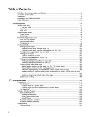 Page 5iv
Table of Contents
Definitions of warnings, cautions, and notes  .....................................................................................i
To use the printer safely  ................................................................................................................... ii
Trademarks ..................................................................................................................................... iii
Compilation and Publication Notice...