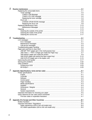 Page 7
vi
5Routine maintenance .............................................................................................................................. 5-1
Replacing the consumable items  ................................................................................................ .. 5-1
Toner cartridge  ............................................................................................................... ........ 5-2
TONER LOW Message...