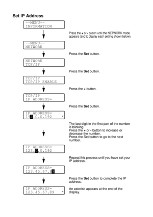 Page 1193 - 35 CONTROL PANEL
HL7050_US_UG_FM5.5
Set IP Address
Press the + or - button until the NETWORK mode 
appears (and to display each setting shown below).
Press the Set button.
Press the Set button.
Press the + button.
Press the Set button.
The last digit in the first part of the number 
is blinking.
Press the + or - button to increase or 
decrease the number.
Press the Set button to go to the next 
number. 
Repeat this process until you have set your 
IP address.
Press the Set button to complete the IP...