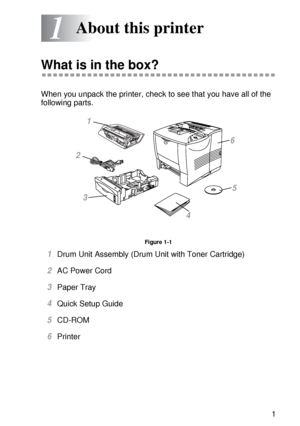 Page 20ABOUT THIS PRINTER 1 - 1
1
HL7050_US_UG_FM5.5
1About this printer
What is in the box?
When you unpack the printer, check to see that you have all of the 
following parts. 
Figure 1-1
1Drum Unit Assembly (Drum Unit with Toner Cartridge)
2AC Power Cord 
3Paper Tray 
4Quick Setup Guide
5CD-ROM 
6Printer 
1
2
3
4
5
6
 