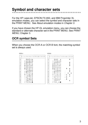 Page 212 A - 13
HL7050_US_UG_FM5.5
Symbol and character sets
For the HP LaserJet, EPSON FX-850, and IBM Proprinter XL 
emulation modes, you can select the symbol and character sets in 
the PRINT MENU.  See About emulation modes in Chapter 3.
If you have chosen the HP-GL emulation menu, you can choose the 
standard or alternate character set in the PRINT MENU. See PRINT 
MENU, Chapter 3.
OCR symbol Sets
When you choose the OCR-A or OCR-B font, the matching symbol 
set is always used.
 