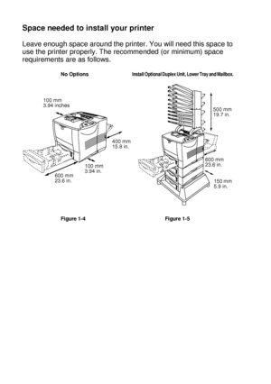 Page 291 - 10 ABOUT THIS PRINTER
HL7050_US_UG_FM5.5
Space needed to install your printer
Leave enough space around the printer. You will need this space to 
use the printer properly. The recommended (or minimum) space 
requirements are as follows.
No OptionsInstall Optional Duplex Unit, Lower Tray and Mailbox. 
Figure 1-4 Figure 1-5
100 mm 
3.94 inches
500 mm 
19.7 in.
400 mm 
15.8 in.
150 mm 
5.9 in. 600 mm 
23.6 in.
100 mm 
3.94 in.
600 mm 
23.6 in.
 