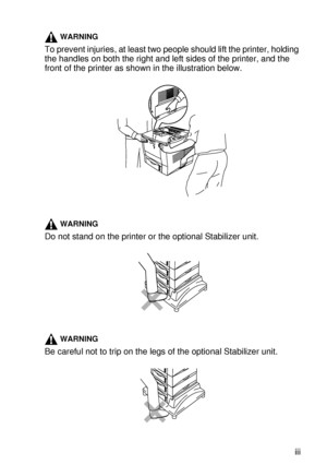 Page 4 iii
HL7050_US_UG_FM5.5
WARNING
To prevent injuries, at least two people should lift the printer, holding 
the handles on both the right and left sides of the printer, and the 
front of the printer as shown in the illustration below. 
WARNING
Do not stand on the printer or the optional Stabilizer unit.
WARNING
Be careful not to trip on the legs of the optional Stabilizer unit.
 