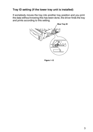 Page 42ABOUT THIS PRINTER 1 - 23
HL7050_US_UG_FM5.5
Tray ID setting (If the lower tray unit is installed)
If somebody moves the tray into another tray position and you print 
the data without knowing this has been done, the driver finds the tray 
and prints according to this setting. 
Figure 1-12
Blue Tray ID
 