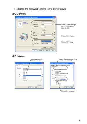 Page 52ABOUT THIS PRINTER 1 - 33
HL7050_US_UG_FM5.5
6Change the following settings in the printer driver.


Select the envelope 
size, Orientation, 
and so on. 
Select MP Tray.
Select Envelopes.
Select the envelope size.Select MP Tray.
Select Envelopes.
 