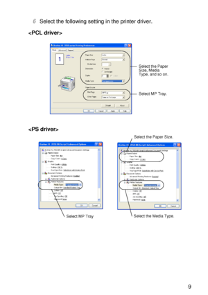 Page 58ABOUT THIS PRINTER 1 - 39
HL7050_US_UG_FM5.5
6Select the following setting in the printer driver.


Select the Paper 
Size, Media 
Type, and so on. 
Select MP Tray.
Select the Paper Size.
Select MP TraySelect the Media Type.
 