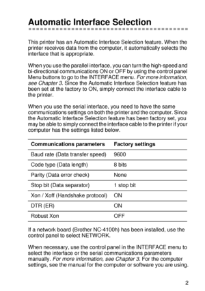 Page 82DRIVER AND SOFTWARE 2 - 22
HL7050_US_UG_FM5.5
Automatic Interface Selection 
This printer has an Automatic Interface Selection feature. When the 
printer receives data from the computer, it automatically selects the 
interface that is appropriate. 
When you use the parallel interface, you can turn the high-speed and 
bi-directional communications ON or OFF by using the control panel 
Menu buttons to go to the INTERFACE menu. For more information, 
see Chapter 3. Since the Automatic Interface Selection...