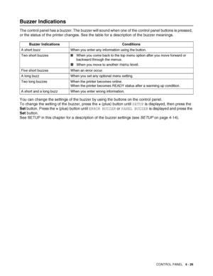 Page 106CONTROL PANEL   4 - 26
Buzzer Indications
The control panel has a buzzer. The buzzer will sound when one of the control panel buttons is pressed, 
or the status of the printer changes. See the table for a description of the buzzer meanings.
You can change the settings of the buzzer by using the buttons on the control panel. 
To change the setting of the buzzer, press the + (plus) button until SETUP is displayed, then press the 
Set button. Press the + (plus) button until ERROR BUZZER or PANEL BUZZER is...