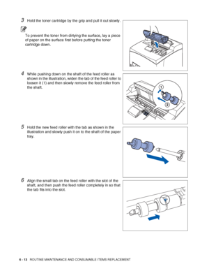 Page 1536 - 13   ROUTINE MAINTENANCE AND CONSUMABLE ITEMS REPLACEMENT
3Hold the toner cartridge by the grip and pull it out slowly.
To prevent the toner from dirtying the surface, lay a piece 
of paper on the surface first before putting the toner 
cartridge down.
4While pushing down on the shaft of the feed roller as 
shown in the illustration, widen the tab of the feed roller to 
loosen it (1) and then slowly remove the feed roller from 
the shaft.
5Hold the new feed roller with the tab as shown in the...