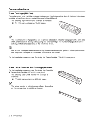 Page 161A - 3   APPENDIXES
Consumable Items
Toner Cartridge (TN-1700)
The replacement toner cartridge includes the toner and the photosensitive drum. If the toner in the toner 
cartridge is insufficient, the printout will become light and blurred. 
The following replacement toner cartridge is available:
■TN-1700: can print approx. 17,000 pages
The possible number of pages that can be printed is based on A4/Letter size paper with a print ratio 
of 5% and the default density setting using one toner cartridge. The...