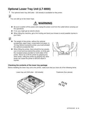 Page 166APPENDIXES   A - 8
Optional Lower Tray Unit (LT-8000)
1The optional lower tray (A4/Letter - 550 sheets) is available for this printer.
You can add up to two lower trays.
■Be sure to switch off the power and unplug the power cord from the outlet before carrying out 
the operations.
■If not, you might get an electric shock.
■When lifting the machine, get a firm footing and bend your knees to avoid possible injuries to 
your back.
■The weight of this printer, without the optional 
accessories, paper trays,...