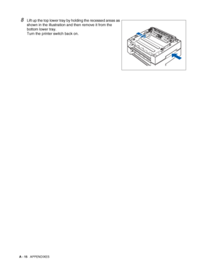 Page 173A - 15   APPENDIXES
8Lift up the top lower tray by holding the recessed areas as 
shown in the illustration and then remove it from the 
bottom lower tray.
Turn the printer switch back on.
 