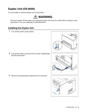 Page 174APPENDIXES   A - 16
Duplex Unit (DX-8000)
You can install an optional duplex unit to this printer.
Be sure to switch off the power and unplug the power cord from the outlet before carrying out the 
operations. If not, you might get an electrical shock.
Installing the Duplex Unit
1Turn off the printer power switch.
2Pull out the power cord from the AC power outlet/socket 
and then the printer.
3Remove the packing that protects the DX connector.
WARNING
 