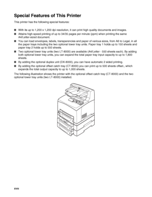 Page 19XVIII   
Special Features of This Printer
This printer has the following special features:
■With its up to 1,200 x 1,200 dpi resolution, it can print high quality documents and images.
■Attains high-speed printing of up to 34/35 pages per minute (ppm) when printing the same 
A4/Letter-sized document.
■You can load envelopes, labels, transparencies and paper of various sizes, from A6 to Legal, in all 
the paper trays including the two optional lower tray units. Paper tray 1 holds up to 150 sheets and...