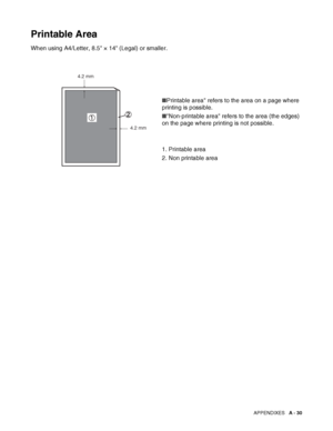 Page 188APPENDIXES   A - 30
Printable Area
When using A4/Letter, 8.5 × 14 (Legal) or smaller.
■Printable area refers to the area on a page where 
printing is possible.
■Non-printable area refers to the area (the edges) 
on the page where printing is not possible.
1. Printable area
2. Non printable area
4.2 mm
4.2 mm
 