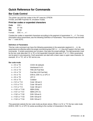 Page 208APPENDIXES   A - 50
Quick Reference for Commands
Bar Code Control
The printer can print bar codes in the HP LaserJet, EPSON 
FX-850, and IBM Proprinter XL emulation modes. 
Print bar codes or expanded characters
CodeESC i
Dec27 105
Hex1B 69
Format: ESC i n ... n \
Creates bar codes or expanded characters according to the segment of parameters n ... n. For more 
information about parameters, see the following Definition of Parameters. This command must end with 
the    code (5CH).
Definition of...