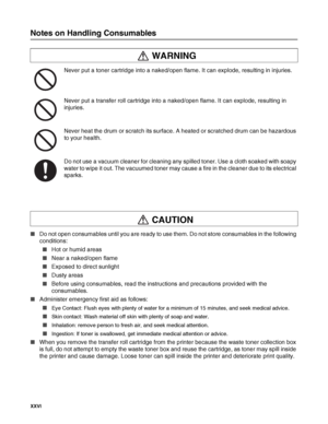 Page 27XXVI   
Notes on Handling Consumables
Never put a toner cartridge into a naked/open flame. It can explode, resulting in injuries.
Never put a transfer roll cartridge into a naked/open flame. It can explode, resulting in 
injuries.
Never heat the drum or scratch its surface. A heated or scratched drum can be hazardous 
to your health.
Do not use a vacuum cleaner for cleaning any spilled toner. Use a cloth soaked with soapy 
water to wipe it out. The vacuumed toner may cause a fire in the cleaner due to...