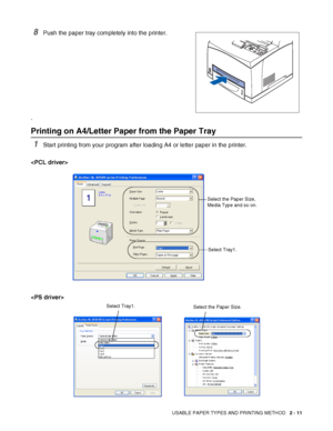 Page 44USABLE PAPER TYPES AND PRINTING METHOD   2 - 11
8Push the paper tray completely into the printer.
.
Printing on A4/Letter Paper from the Paper Tray
1Start printing from your program after loading A4 or letter paper in the printer.


Select the Paper Size,
Media Type and so on. 
Select Tray1.
Select the Paper Size.Select Tray1.
 