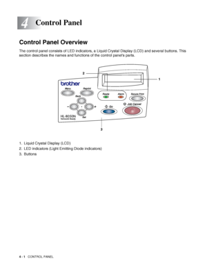 Page 814 - 1   CONTROL PANEL
4
Control Panel Overview
The control panel consists of LED indicators, a Liquid Crystal Display (LCD) and several buttons. This 
section describes the names and functions of the control panels parts.
1. Liquid Crystal Display (LCD)
2. LED indicators (Light Emitting Diode indicators)
3. Buttons
Control Panel
1
2
3
 