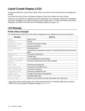 Page 894 - 9   CONTROL PANEL
Liquid Crystal Display (LCD)
The display shows the current printer status. When you use the control panel buttons, the display will 
change.
If you take the printer off-line, the display changes to show the emulation you have chosen.
If there are any problems, the display shows the appropriate error message, maintenance message or 
call service message so you will know that you need to take action. For more information about these 
messages, see What to Do When an Error Message...