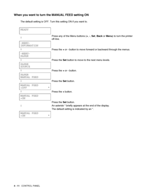 Page 914 - 11   CONTROL PANEL
When you want to turn the MANUAL FEED setting ON
The default setting is OFF. Turn this setting ON if you want to.
READY
↓Press any of the Menu buttons (+, -, Set, Back or Menu) to turn the printer 
off-line.
-MENU-
INFORMATION
↓Press the + or - button to move forward or backward through the menus.
-MENU-
PAPER
↓Press the Set button to move to the next menu levels.
PAPER
SOURCE
↓Press the + or - button.
PAPER 
MANUAL FEED
↓Press the Set button.
MANUAL FEED
=OFF_____________*
↓Press...