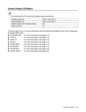 Page 92CONTROL PANEL   4 - 12
Control Panel LCD Menu
The control panel LCD names for the paper trays are as follows.
There are eight menus. For more information about the selections available in each menu, please see 
the pages listed below.
■INFORMATION For more information, see page 4-13.
■PAPER For more information, see page 4-13.
■QUALITY For more information, see page 4-14.
■SETUP For more information, see page 4-14.
■PRINT MENU For more information, see page 4-16.
■NETWORK For more information, see page...