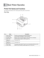 Page 28BASIC PRINTER OPERATION   1 - 1
1
Printer Part Names and Functions
The names and functions of the various parts of the printer are as follows:
Front View
Basic Printer Operation
No. Name Description
1 Center output tray Print jobs are output with the printed side facing down.
2 Control panel Use the buttons and display to control the printer.
3 Ventilation grille Releases heat to prevent the interior of the printer from overheating.
4 Paper meter Use the meter as a guide to refill the paper tray.
5 Paper...