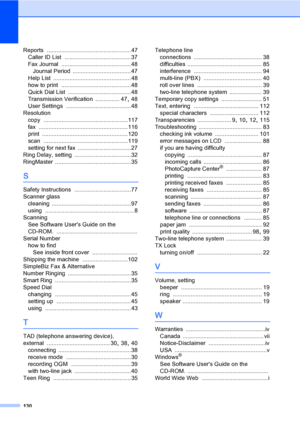 Page 146
130
Reports ....................................................47
Caller ID List
 .........................................37
Fax Journal
 ...........................................48
Journal Period
 ....................................47
Help List
 ................................................48
how to print
 ...........................................48
Quick Dial List
 .......................................48
Transmission Verification
 ............... 47, 48
User Settings...