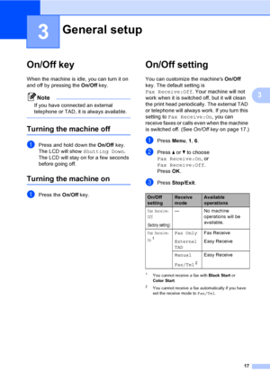 Page 33
17
3
3
On/Off key3
When the machine is idle, you can turn it on 
and off by pressing the On/Off key. 
Note
If you have connected an external 
telephone or TAD, it is always available.
 
Turning the machine off3
aPress and hold down the  On/Off key. 
The LCD will show  Shutting Down. 
The LCD will stay on for a few seconds 
before going off.
Turning the machine on3
aPress the  On/Off key.
On/Off setting 3
You can customize the machines  On/Off 
key. The default setting is 
Fax Receive:Off . Your machine...