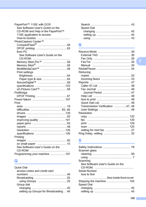 Page 145
135
F
PaperPort™ 11SE with OCRSee Software Users Guide on the 
CD-ROM and Help in the PaperPort™ 
11SE application to access 
How-to-Guides.
 .........................................
PhotoCapture Center™ CompactFlash
® .....................................58
DPOF printing
 .......................................63
from PC See Software Users Guide on the 
CD-ROM.
 ...............................................
Memory Stick Pro™
 .............................. 58
Memory Stick®...