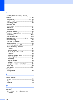 Page 146
136
T
TAD (telephone answering device), 
external
 ............................................. 30, 38
connecting
 ...................................... 38, 39
receive mode
 ........................................30
recording OGM
 .....................................39
Telephone line connections
 ...........................................39
difficulties
 ..............................................85
interference
 ...........................................96
multi-line (PBX)...