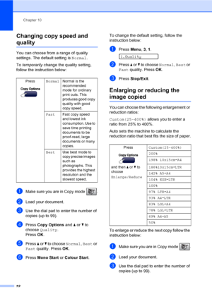 Page 62
Chapter 10
52
Changing copy speed and 
quality10
You can choose from a range of quality 
settings. The default setting is  Normal.
To  temporarily  change the quality setting, 
follow the instruction below:
aMake sure you are in Copy mode  .
bLoad your document.
cUse the dial pad to enter the number of 
copies (up to 99).
dPress  Copy Options  and a or  b to 
choose  Quality .
Press  OK.
ePress  a or  b to choose  Normal, Best  or 
Fast  quality. Press  OK.
fPress  Mono Start  or Colour Start .To change...