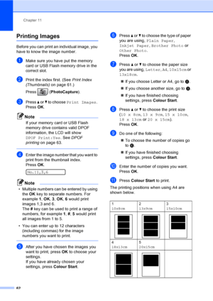 Page 72
Chapter 11
62
Printing Images11
Before you can print an individual image, you 
have to know the image number.
aMake sure you have put the memory 
card or USB Flash memory drive in the 
correct slot.
bPrint the index first. (See  Print Index 
(Thumbnails) on page 61.)
Press ( PhotoCapture ). 
cPress a or  b to choose  Print Images . 
Press  OK.
Note
If your memory card or USB Flash 
memory drive contains valid DPOF 
information, the LCD will show 
DPOF Print:Yes . See DPOF 
printing on page 63.
 
dEnter...