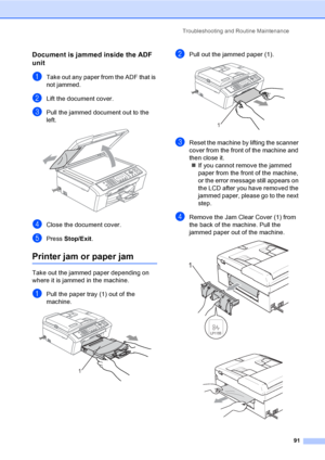 Page 106Troubleshooting and Routine Maintenance
91
Document is jammed inside the ADF 
unit
B
aTake out any paper from the ADF that is 
not jammed.
bLift the document cover.
cPull the jammed document out to the 
left.
 
dClose the document cover.
ePress Stop/Exit.
Printer jam or paper jamB
Take out the jammed paper depending on 
where it is jammed in the machine. 
aPull the paper tray (1) out of the 
machine.
 
bPull out the jammed paper (1). 
cReset the machine by lifting the scanner 
cover from the front of the...