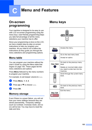 Page 118103
C
On-screen 
programming
C
Your machine is designed to be easy to use 
with LCD on-screen programming using the 
menu keys. User-friendly programming helps 
you take full advantage of all the menu 
selections your machine has to offer.
Since your programming is done on the LCD, 
we have created step-by-step on-screen 
instructions to help you program your 
machine. All you need to do is follow the 
instructions as they guide you through the 
menu selections and programming options.
Menu tableC
You...