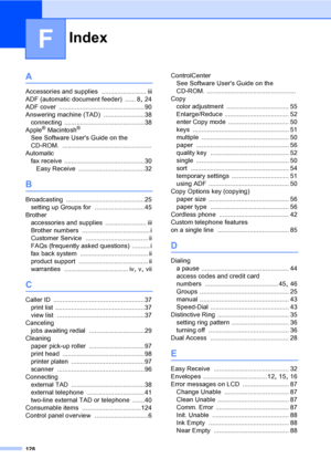 Page 143Index
128
F
A
Accessories and supplies ......................... iii
ADF (automatic document feeder)
 ...... 8, 24
ADF cover
 ................................................90
Answering machine (TAD)
 .......................38
connecting
 .............................................38
Apple® Macintosh®
See Software Users Guide on the 
CD-ROM.
 ..................................................
Automatic
fax receive
 .............................................30
Easy Receive...