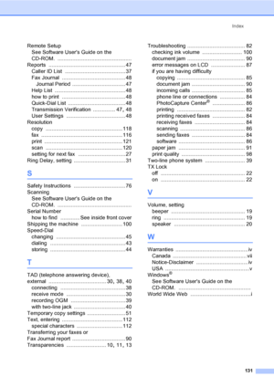 Page 146Index
131
Remote Setup
See Software Users Guide on the 
CD-ROM.
 ..................................................
Reports
 .................................................... 47
Caller ID List
 .........................................37
Fax Journal
 ........................................... 48
Journal Period
 .................................... 47
Help List
 ................................................48
how to print
 ........................................... 48
Quick-Dial List...