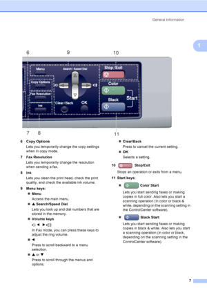 Page 22General Information
7
1
 
6 Copy Options
Lets you temporarily change the copy settings 
when in copy mode.
7 Fax Resolution
Lets you temporarily change the resolution 
when sending a fax.
8Ink
Lets you clean the print head, check the print 
quality, and check the available ink volume.
9 Menu keys:
„Menu
Access the main menu.
„a Search/Speed Dial
Lets you look up and dial numbers that are 
stored in the memory.
„Volume keys
 d   c 
In Fax mode, you can press these keys to 
adjust the ring volume.
„d
Press...