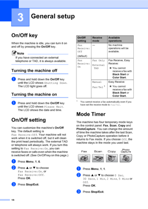 Page 3318
3
On/Off key3
When the machine is idle, you can turn it on 
and off by pressing the On/Off key. 
Note
If you have connected an external 
telephone or TAD, it is always available.
 
Turning the machine off3
aPress and hold down the On/Off key 
until the LCD shows Shutting Down.
The LCD light goes off.
Turning the machine on3
aPress and hold down the On/Off key 
until the LCD shows Please Wait.
The LCD shows the date and time.
On/Off setting 3
You can customize the machines On/Off 
key. The default...