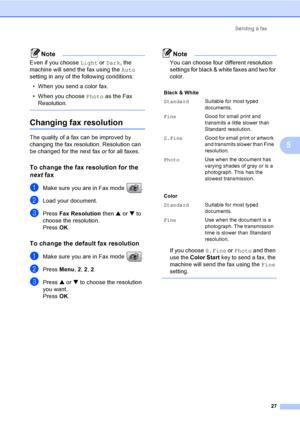Page 42Sending a fax
27
5
Note
Even if you choose Light or Dark, the 
machine will send the fax using the Auto 
setting in any of the following conditions:
• When you send a color fax.
• When you choose Photo as the Fax 
Resolution.
 
Changing fax resolution5
The quality of a fax can be improved by 
changing the fax resolution. Resolution can 
be changed for the next fax or for all faxes.
To change the fax resolution for the 
next fax
5
aMake sure you are in Fax mode  .
bLoad your document.
cPress Fax...