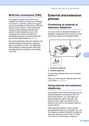 Page 56Telephone Services and External devices
41
7
Multi-line connections (PBX)7
We suggest you ask the company who 
installed your PBX to connect your machine. 
If you have a multi line system we suggest 
you ask the installer to connect the unit to the 
last line on the system. This prevents the 
machine being activated each time the 
system receives telephone calls. If all 
incoming calls will be answered by a 
switchboard operator we recommend that 
you set the Receive Mode to Manual.
We cannot guarantee...