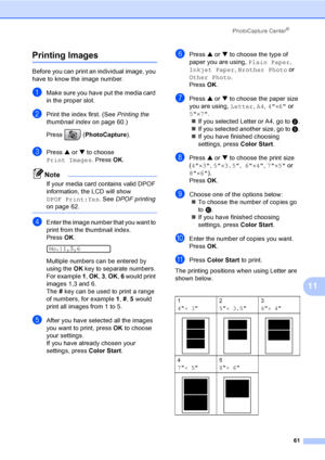 Page 76PhotoCapture Center®
61
11
Printing Images11
Before you can print an individual image, you 
have to know the image number.
aMake sure you have put the media card 
in the proper slot.
bPrint the index first. (See Printing the 
thumbnail index on page 60.)
Press (PhotoCapture). 
cPress a or b to choose 
Print Images. Press OK.
Note
If your media card contains valid DPOF 
information, the LCD will show 
DPOF Print:Yes. See DPOF printing 
on page 62.
 
dEnter the image number that you want to 
print from the...