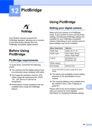 Page 8065
12
12
 
Your Brother machine supports the 
PictBridge standard, allowing you to connect 
to and print photos directly from any 
PictBridge compatible digital camera.
Before Using 
PictBridge
12
PictBridge requirements12
To avoid errors, remember the following 
points:
„The machine and the digital camera must 
be connected using a suitable USB cable.
„The image file extension must be .JPG 
(Other image file extensions like .JPEG, 
.TIF, .GIF and so on will not be 
recognized).
„PhotoCapture Center...