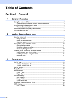 Page 10viii
Table of Contents
Section I General
1 General Information
Using the documentation .......................................................................................2
Symbols and conventions used in the documentation .................................... 2
Accessing the Software User’s Guide ................................................................... 3
Viewing Documentation ................................................................................... 3
Accessing Brother Support (For...