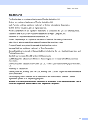 Page 96Safety and Legal
81
TrademarksA
The Brother logo is a registered trademark of Brother Industries, Ltd.
Brother is a registered trademark of Brother Industries, Ltd.
Multi-Function Link is a registered trademark of Brother International Corporation.
© 2006 Brother Industries, Ltd. All rights reserved.
Windows and Microsoft are registered trademarks of Microsoft in the U.S. and other countries.
Macintosh and TrueType are registered trademarks of Apple Computer, Inc.
PaperPort is a registered trademark of...