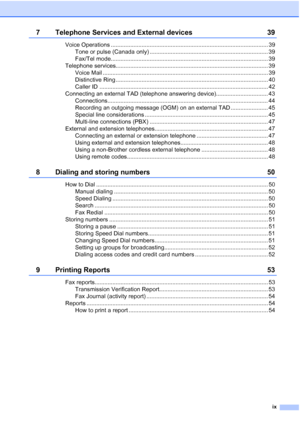 Page 11ix
7 Telephone Services and External devices 39
Voice Operations ................................................................................................. 39
Tone or pulse (Canada only) ......................................................................... 39
Fax/Tel mode................................................................................................. 39
Telephone services.............................................................................................. 39
Voice...