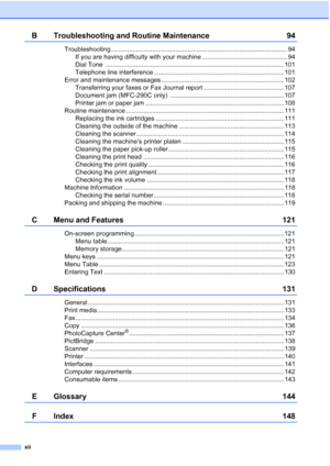 Page 14xii
B Troubleshooting and Routine Maintenance 94
Troubleshooting ................................................................................................... 94
If you are having difficulty with your machine ................................................ 94
Dial Tone  .................................................................................................... 101
Telephone line interference ......................................................................... 101
Error and...